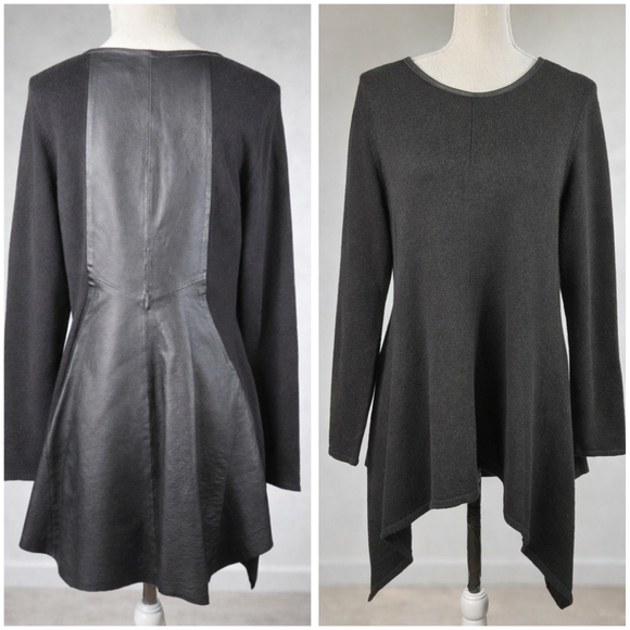 Stella Carakasi Sweaters - Stella Carakasi Black Tunic Sweater Assymetrical Hem Leather Back Size Small